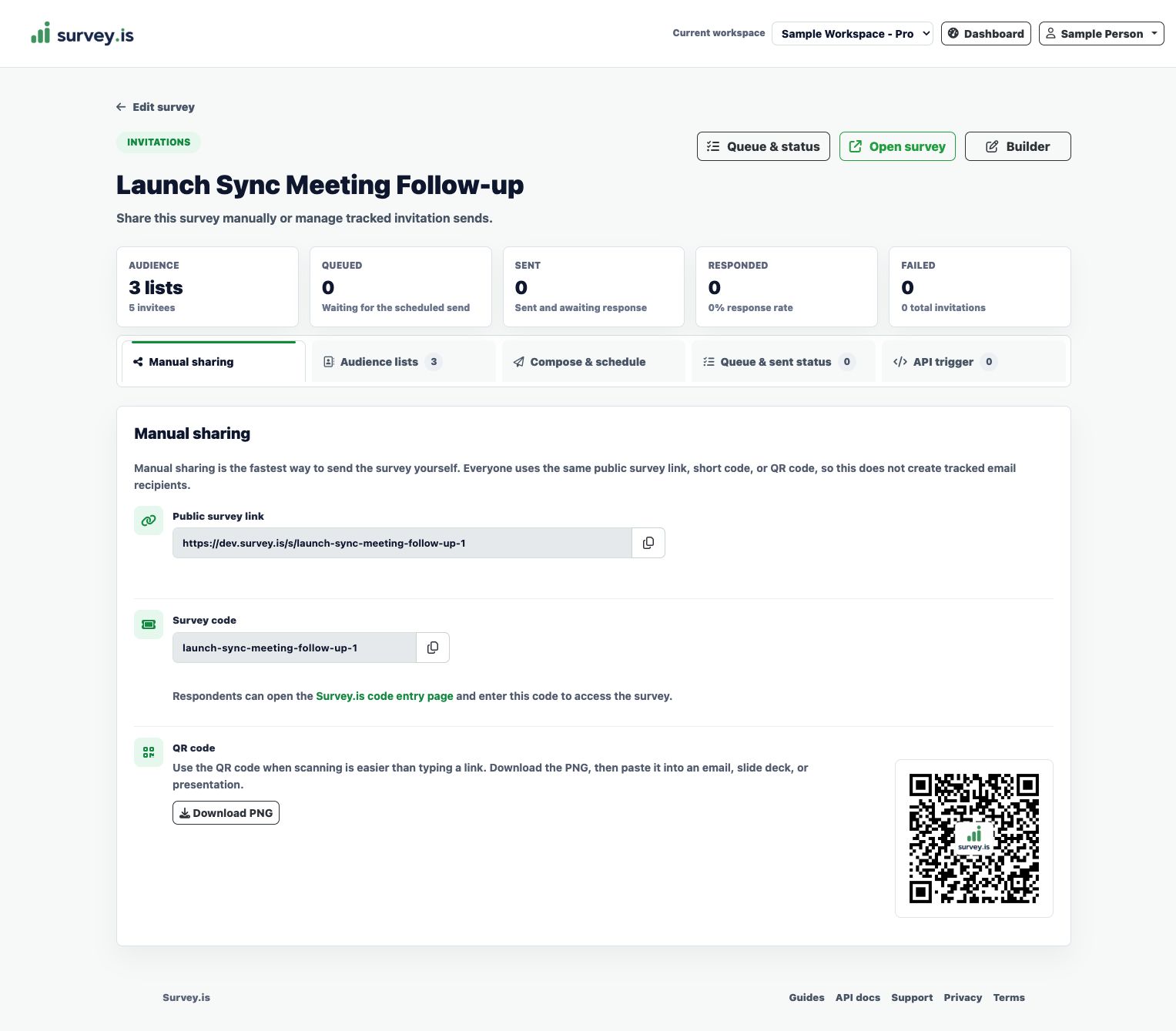 Survey.is manual sharing page showing public link, survey code, and QR code